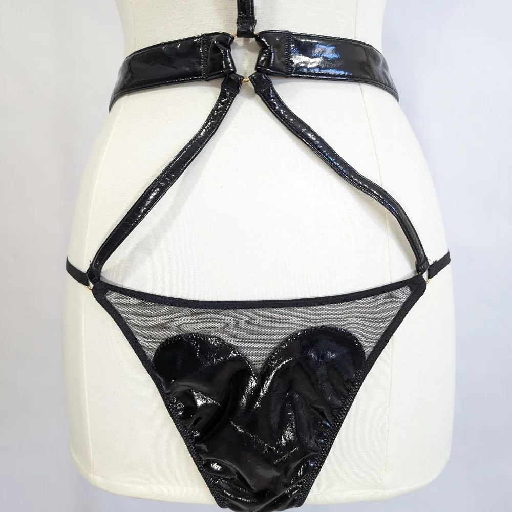 Victoria's Secret Lingerie New Choker Thong XL Faux Black Leather VS One Piece